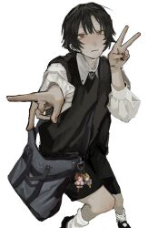 Rule 34 | 1boy, bag, black footwear, black hair, black shorts, black sweater vest, closed mouth, collared shirt, double v, highres, charm (object), looking at viewer, male focus, original, outstretched arm, red eyes, shirt, short hair, shorts, simple background, socks, sweater vest, v, vl0 0lv, white background, white shirt, white socks