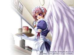 Rule 34 | 1girl, :d, angel, angel wings, apron, ascot, blush, book, boots, bow, ceiling, celica sylphil, clock, cup ramen, desk, dress, elbow gloves, eushully, eushully-chan, food, frills, gloves, hatozuki tsumiki, highres, holding, ikusa megami, ikusa megami (series), lights, looking back, louie marshrun, maid, maid apron, maid headdress, meishoku no reiki, official art, official wallpaper, open mouth, photo (object), pink hair, plate, profile, purple eyes, ribbon, ribbon-trimmed gloves, ribbon trim, short hair, smile, solo, standing, typo, waitress, wall clock, wallpaper, watermark, web address, white gloves, window, wings