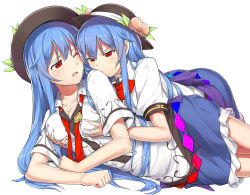 Rule 34 | 2girls, alternate breast size, blue hair, blush, bow, breast envy, grabbing another&#039;s breast, breasts squeezed together, breasts, cleavage, commentary request, dual persona, food, fruit, girl on top, grabbing, hat, hinanawi tenshi, large breasts, long hair, multiple girls, neropaso, one eye closed, open mouth, peach, puffy sleeves, red bow, red eyes, selfcest, shirt, short sleeves, skirt, touhou, very long hair, yuri