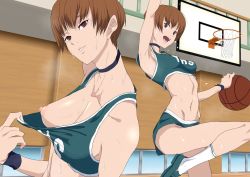 Rule 34 | 1girl, armpits, ball, basketball, basketball (object), basketball hoop, breasts, brown eyes, brown hair, cleavage reach, clothes pull, collarbone, gym, highres, kamishakujii (poppenheim), multiple views, navel, nipples, one breast out, persona, persona 4, satonaka chie, shirt pull, shoes, short hair, shorts, socks, sweat, tank top