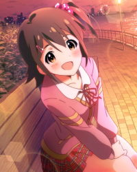 Rule 34 | 10s, 1girl, :d, artist request, bench, blush, brown eyes, brown hair, collarbone, evening, ferris wheel, hair ornament, hairclip, idolmaster, idolmaster million live!, kasuga mirai, looking at viewer, official art, one side up, open mouth, pov, ribbon, school uniform, scrunchie, sitting, skirt, smile, solo