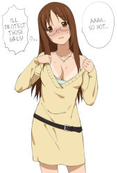 Rule 34 | 1girl, a1 (initial-g), belt, blush, breasts, brown eyes, brown hair, cleavage, dress, glasses, hard-translated, jewelry, k-on!, long hair, necklace, off shoulder, solo, sweatdrop, sweater, sweater dress, tan, tanline, third-party edit, translated, yamanaka sawako