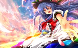 Rule 34 | 1girl, blue hair, bow, cloud, dress, female focus, food, fruit, hat, highres, hinanawi tenshi, long hair, nekominase, open mouth, outstretched arm, peach, petals, red eyes, ribbon, short sleeves, smile, solo, sunset, touhou