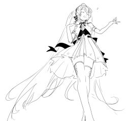 Rule 34 | 1girl, back bow, bow, closed mouth, crossed legs, dress, eighth note, elbow gloves, feet out of frame, from below, gloves, hair between eyes, hand on own shoulder, hatsune miku, high contrast, lineart, long hair, looking at viewer, miku symphony (vocaloid), monochrome, music, musical note, open mouth, pleated dress, reaching, rella, ribbon, singing, sketch, sleeveless, sleeveless dress, smile, solo, standing, thighhighs, twintails, very long hair, vocaloid, wind, wind lift
