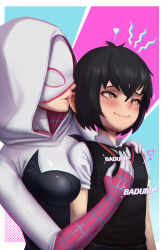 Rule 34 | 2girls, absurdres, afrotunaart, biting, black hair, blush, bodysuit, breasts, brown eyes, ear biting, gwen stacy, hand on another&#039;s chest, hand on another&#039;s shoulder, heart, heartbeat, highres, hood, hooded bodysuit, marvel, mask, medium breasts, multiple girls, peni parker, short hair, small breasts, smile, sound effects, spider-gwen, spider-man: across the spider-verse, spider-man: into the spider-verse, spider-man (series), spider-verse, spider web print, upper body, wavy mouth, yuri