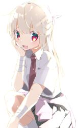 Rule 34 | 1girl, :d, blonde hair, blush, clothes around waist, collared shirt, fang, female focus, head rest, highres, kneeling, long hair, looking at viewer, nan0ng, natori sana, necktie, open mouth, pleated skirt, red eyes, sana channel, shirt, simple background, skin fang, skirt, smile, solo, virtual youtuber, white background, white shirt, wrist wrap