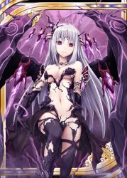 Rule 34 | 1girl, akkijin, bare shoulders, breasts, brooch, cape, center opening, chaos (shinkai no valkyrie), choker, collarbone, detached collar, elbow gloves, gem, gloves, grey hair, highres, jewelry, lightning, long hair, looking at viewer, navel, necklace, purple eyes, red eyes, roots, shinkai no valkyrie, smile, smirk, solo, thighhighs, torn clothes, underboob, white hair, wings