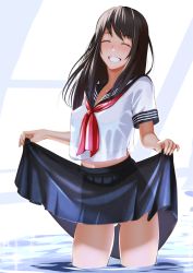 Rule 34 | 1girl, ^ ^, black hair, blush, closed eyes, clothes lift, closed eyes, grin, lifted by self, long hair, nanahime, rei no pool, school uniform, serafuku, silhouette, skirt, skirt hold, skirt lift, smile, solo, wading, water