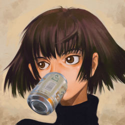Rule 34 | 1girl, arrow (symbol), barcode, beer can, blunt bangs, brown eyes, brown hair, can, drink can, ilya kuvshinov, kirin (company), mouth hold, nonaka haru, portrait, recycling symbol, short hair, solo, turtleneck, yesterday wo utatte