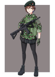 Rule 34 | 1girl, ammunition pouch, assault rifle, beret, brown hair, camouflage, commentary, english commentary, foregrip, full body, gloves, green hat, gun, hand on own hip, hat, himmelstern, jacket, load bearing vest, military, military hat, military jacket, original, pantyhose, pleated skirt, pouch, rifle, short hair, skirt, solo, weapon, weapon request, yellow eyes