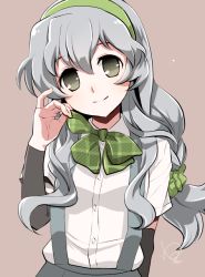Rule 34 | 1girl, bow, bowtie, braid, commentary request, curly hair, hairband, kantai collection, long hair, looking at viewer, school uniform, grey eyes, silver hair, simple background, single braid, smile, solo, suspenders, yamagumo (kancolle), yuzuki yuno