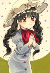 Rule 34 | 1girl, absurdres, ajirogasa, black hair, blush, braid, brown hat, buttons, capelet, clothes writing, dress, frilled hat, frills, grey dress, happy, hat, highres, jizou, long earlobes, long hair, maa (forsythia1729), marker (medium), own hands together, palms together, red button, red capelet, red eyes, ribbon, single strap, smile, snow, touhou, traditional media, twin braids, yatadera narumi