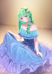 Rule 34 | 1girl, alternate costume, blush, closed mouth, commentary request, dress, frog hair ornament, green eyes, green hair, hair ornament, hair tubes, highres, kochiya sanae, long hair, looking at viewer, narutakaya, off-shoulder dress, off shoulder, purple dress, single hair tube, skirt hold, smile, snake hair ornament, solo, sparkle, touhou