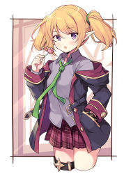 Rule 34 | 1girl, :o, black coat, blonde hair, blouse, blush, candy, chloe (princess connect!), coat, collared shirt, commentary, cowboy shot, cropped legs, elf, food, green necktie, grey shirt, hair tie, hand in pocket, holding, holding candy, holding food, holding lollipop, hood, hood down, hooded coat, lollipop, long sleeves, looking at viewer, miniskirt, necktie, odawara hakone, off shoulder, open clothes, open coat, open mouth, outside border, pleated skirt, pointy ears, princess connect!, purple eyes, red skirt, shirt, short hair, skirt, solo, standing, thigh strap, twintails