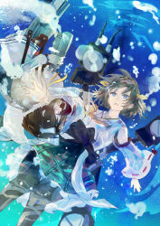 Rule 34 | 10s, 2girls, asphyxiation, blue eyes, brown eyes, brown hair, bubble, detached sleeves, drowning, faux traditional media, hair ornament, hairband, hiei (kancolle), highres, holding, in water, kantai collection, kotaro-nosuke, machinery, multiple girls, nontraditional miko, open mouth, reaching, short hair, sinking, turret, yukikaze (kancolle)