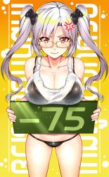 Rule 34 | 1girl, absurdres, anger vein, bikini, black bikini, blush, breasts, cleavage, collarbone, controller, game controller, glasses, hair ornament, highres, holding, holding sign, large breasts, long hair, looking at viewer, see-through, sign, solo, steam (platform), swimsuit, tank top, thai text, twintails, wet, white hair, yakimi 27, yellow-framed eyewear, yellow eyes