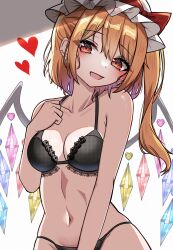 Rule 34 | 1girl, absurdres, black bra, black panties, blonde hair, bow, bow bra, bra, breasts, commentary, crystal, earrings, fang, flandre scarlet, half-closed eyes, halterneck, hand on own chest, hat, hat bow, head tilt, heart, highres, jewelry, kiui (dagk8254), lace, lace-trimmed bra, lace trim, lingerie, looking at viewer, medium breasts, medium hair, mob cap, navel, one side up, panties, red bow, red eyes, solo, standing, string panties, touhou, underwear, underwear only, white hat, wings