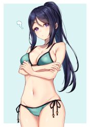 Rule 34 | 1girl, ?, aqua background, aqua bikini, arms under breasts, bad id, bad twitter id, bare arms, bare shoulders, bikini, blue background, blue hair, breast hold, breasts, cleavage, collarbone, commentary request, cowboy shot, groin, high ponytail, long hair, looking at viewer, love live!, love live! sunshine!!, matsuura kanan, medium breasts, moyui (myi 005), navel, outside border, ponytail, purple eyes, side-tie bikini bottom, sidelocks, simple background, solo, standing, stomach, string bikini, swimsuit, white background