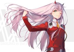 Rule 34 | 10s, 1girl, closed mouth, commentary, copyright name, darling in the franxx, eyeshadow, floating hair, green eyes, hairband, hand in own hair, hand up, hong (white spider), horns, jacket, long hair, long sleeves, looking at viewer, makeup, necktie, one eye closed, pink hair, red jacket, smile, solo, standing, upper body, zero two (darling in the franxx)