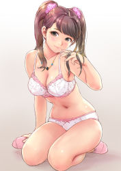 Rule 34 | 1girl, ankle socks, armpits, blush, bra, breasts, brown eyes, brown hair, carina (xiaowoo), cleavage, eyelashes, full body, gradient background, grey background, hand in own hair, head tilt, highres, jewelry, large breasts, light smile, lingerie, lips, long hair, looking at viewer, mayu (carina), navel, necklace, original, panties, pink socks, revision, simple background, sitting, skindentation, smile, socks, solo, stomach, thighs, twintails, underwear, underwear only, wariza, white background
