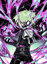 Rule 34 | 1boy, aqua fire, belt, black gloves, clenched teeth, crying, crying with eyes open, fire, fire, gloves, green hair, hair between eyes, highres, ierotak, light green hair, lio fotia, male focus, no pupils, promare, purple fire, pyrokinesis, solo, tears, teeth, twitter username