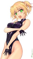 Rule 34 | 1girl, absurdres, black gloves, black leotard, blonde hair, commentary request, covered erect nipples, covered navel, cowboy shot, franz (217franz), girls&#039; frontline, gloves, green eyes, half gloves, highleg, highleg leotard, highres, leotard, looking at viewer, open mouth, shiny clothes, short hair, simple background, skin tight, solo, surprised, turtleneck, twintails, twitter username, welrod mkii (girls&#039; frontline), white background