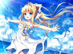 Rule 34 | 1girl, :d, air (visual novel), antenna hair, bare arms, bare shoulders, blonde hair, blue eyes, blue sky, breasts, cloud, collarbone, commentary request, day, dress, floating hair, hair between eyes, hair intakes, hair ribbon, horizon, kamio misuzu, long hair, looking at viewer, mauve, ocean, open mouth, outdoors, outstretched arms, ponytail, ribbon, sky, sleeveless, sleeveless dress, small breasts, smile, solo, spread arms, very long hair, water, white dress, white ribbon