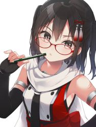 Rule 34 | 1girl, artist name, bare shoulders, bespectacled, black gloves, black hair, black neckerchief, blush, breasts, brown eyes, closed mouth, elbow gloves, glasses, gloves, hair ornament, holding, holding pencil, kantai collection, koruri, long hair, looking at viewer, neckerchief, pencil, pencil to face, red-framed eyewear, scarf, sendai (kancolle), sendai kai ni (kancolle), shirt, simple background, sleeveless, sleeveless shirt, solo, tassel, twitter username, two side up, upper body, v-shaped eyebrows, white background, white scarf