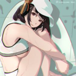 Rule 34 | 1girl, artist name, bad id, bad pixiv id, black hair, breasts, crossed arms, hat, headphones, knees up, looking at viewer, multicolored eyes, original, sitting, smile, sports bra, sweat, sweaty clothes, turning head, underboob, wall, wet, wet clothes, white headwear, yonezawa mao