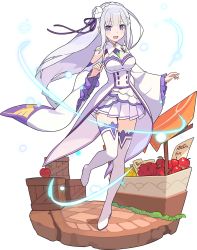 Rule 34 | 1girl, apple, artist request, aura, bare shoulders, blue pupils, blush, boots, box, braid, breasts, brooch, cleavage, crate, crown braid, crystal, day, emilia (re:zero), female focus, flower, food, frilled footwear, frilled sleeves, frills, fruit, fruit stand, full body, gem, grass, green gemstone, hair flower, hair ornament, hair ribbon, hands up, highres, jewelry, knees together feet apart, leg up, lemon, long hair, long sleeves, looking at viewer, medium breasts, miniskirt, non-web source, off shoulder, official art, open mouth, outdoors, paper, pleated skirt, pointy ears, purple eyes, purple ribbon, re:zero kara hajimeru isekai seikatsu, ribbon, rose, sidelocks, single braid, skirt, solo, standing, standing on one leg, tailcoat, thigh boots, thighhighs, transparent background, very long hair, white flower, white footwear, white hair, white rose, white skirt, white thighhighs, wide sleeves, world flipper, x hair ornament, zettai ryouiki
