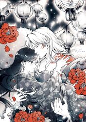 Rule 34 | 1boy, 1girl, black hair, blush, carrying, closed eyes, couple, crescent, crescent facial mark, dated, demon boy, eyeliner, facial mark, falling petals, fingernails, flower, forehead mark, hetero, highres, inuyasha, japanese clothes, kay-i, lantern, long hair, monochrome, paper lantern, parted bangs, parted lips, petals, pointy ears, princess carry, red eyeliner, red flower, red theme, rin (inuyasha), sesshoumaru, sharp fingernails, shoulder spikes, spikes, twitter username, upper body, white hair