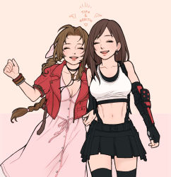 Rule 34 | 2girls, 5ozachan18, abs, aerith gainsborough, arm up, asymmetrical bangs, bangle, belt, black skirt, black thighhighs, bracelet, braid, braided ponytail, breasts, brown hair, buttons, character name, choker, cleavage, closed eyes, collarbone, cropped jacket, dress, earrings, elbow gloves, elbow pads, final fantasy, final fantasy vii, final fantasy vii remake, fingerless gloves, gloves, hair ribbon, highres, jacket, jewelry, locked arms, long dress, long hair, medium breasts, midriff, miniskirt, multiple girls, navel, open mouth, parted bangs, pink dress, pleated skirt, pocker, red jacket, ribbon, shirt, short sleeves, sidelocks, skirt, smile, sports bra, square enix, suspender skirt, suspenders, teeth, thighhighs, tifa lockhart, upper body, upper teeth only, wavy hair, white shirt