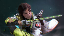 Rule 34 | 1boy, apex legends, biwon blade, black gloves, blood, blood on face, brown eyes, brown hair, commentary, commission, crypto (apex legends), cuts, english commentary, gloves, grey jacket, highres, holding, holding sword, holding weapon, ifragmentix, injury, jacket, looking to the side, making-of available, male focus, partially fingerless gloves, smile, solo, sword, weapon