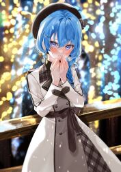 Rule 34 | 1girl, absurdres, blue hair, blush, braid, dress, earrings, glint, hair between eyes, hair ornament, hairclip, hand to own mouth, hands up, hat, highres, hololive, hoshimachi suisei, hoshimachi suisei (maid), jewelry, long hair, long sleeves, looking at viewer, parted lips, purple eyes, solo, standing, star (symbol), star in eye, symbol in eye, virtual youtuber, yuuyu (moco20111115)