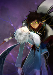 Rule 34 | 10s, 2boys, alternate color, alternate costume, arm around waist, bishounen, blood, brown hair, cape, earrings, closed eyes, feathers, jewelry, male focus, mikleo (tales), multiple boys, scowl, sorey (tales), sword, tales of (series), tales of zestiria, weapon, white hair, yamayoshi (pre), yellow eyes