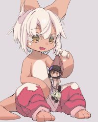 Rule 34 | 1boy, 1other, animal ears, baggy pants, black hair, brown eyes, facial mark, furry, grey background, helmet, highres, made in abyss, mini person, miniboy, nanachi (made in abyss), open mouth, orange eyes, pants, rabbit ears, regu (made in abyss), short hair, simple background, sitting, sutefumi, tail, topless, topless male, white hair