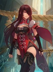 Rule 34 | 1girl, anhmaruwu, beidou (genshin impact), boots, breasts, brown hair, closed mouth, earrings, eyepatch, fingerless gloves, genshin impact, gloves, hair over eyes, highres, jewelry, long hair, looking away, medium breasts, red eyes, smile, solo, thigh boots, walking