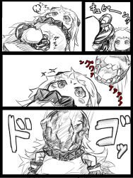 Rule 34 | 10s, 1girl, 4koma, abyssal ship, ahoge, bad id, bad pixiv id, blush, colored skin, comic, commentary request, covered mouth, dress, eating, greyscale, holding, horns, jewelry, kamen rider, kamen rider gaim (series), kantai collection, locket, long hair, lying, mittens, monochrome, northern ocean princess, on back, onboro (clunker), pale skin, pendant, simple background, sleeveless, sleeveless dress, solo, translation request, white background, white dress, white hair, white skin