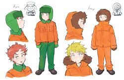Rule 34 | 2boys, blonde hair, blue eyes, character name, closed mouth, commentary request, fur-trimmed jacket, fur hat, fur trim, gloves, green eyes, green gloves, green headwear, green pants, hat, highres, hood, hood down, hooded jacket, jacket, kenny mccormick, kyle broflovski, light blush, looking at viewer, male focus, multiple boys, multiple views, nano8, open mouth, orange hair, orange jacket, pants, short hair, simple background, south park, ushanka, white background
