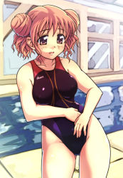 Rule 34 | 00s, 1girl, asics, breasts, collarbone, competition swimsuit, double bun, e20, hair bun, hidamari sketch, hiro (hidamari sketch), medium breasts, one-piece swimsuit, pink eyes, pink hair, plump, pool, solo, swimsuit