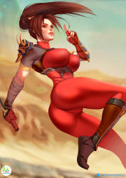 Rule 34 | 1girl, arm guards, armor, ass, bandaged arm, bandages, blue sky, blurry, blurry background, bodysuit, breasts, brown eyes, brown hair, cameltoe, commentary, covered erect nipples, didi esmeralda, english commentary, fingers together, hair ornament, hair stick, high ponytail, highres, holding, holding sword, holding weapon, kodachi, large breasts, ninja, outdoors, parted bangs, parted lips, red bodysuit, reverse grip, sand, short sword, shoulder armor, skin tight, sky, soul calibur, soulcalibur, soulcalibur iv, sword, tabi, taki (soulcalibur), thighs, twisted torso, underbust, weapon