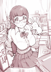 Rule 34 | 1girl, blush, breasts, embarrassed, fujoshi, glasses, large breasts, monochrome