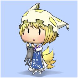 Rule 34 | &gt;:d, 1girl, :d, blonde hair, chen, error musume, fox tail, girl holding a cat (kancolle), kantai collection, multiple tails, open mouth, parody, short hair, simple background, smile, solo, tail, touhou, v-shaped eyebrows, yakumo ran, yutanpo-2
