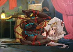 Rule 34 | 1girl, animal ear fluff, animal ears, bdsm, blue eyes, bondage, bound, chair, chen zi, genshin impact, grey hair, highres, looking at viewer, lynette (genshin impact), on floor, red rope, rope, solo, tail