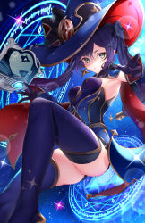 Rule 34 | 1girl, :o, armpits, blue hat, book, bow, breasts, capelet, crescent, crescent hat ornament, earrings, feet out of frame, floating hair, fukuzawa yukichi (egoist867), fur collar, genshin impact, glint, gold trim, green eyes, hands up, hat, hat bow, hat ornament, highres, jewelry, looking at viewer, magic, magic circle, mona (genshin impact), mona (pact of stars and moon) (genshin impact), official alternate costume, open mouth, purple hair, purple thighhighs, runes, skindentation, small breasts, solo, sparkle, sparkle print, star (symbol), star earrings, thighhighs, thighs, twintails, witch hat