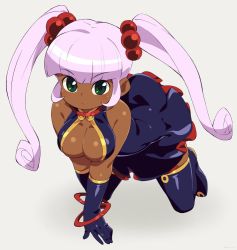 Rule 34 | 1girl, all fours, breasts, cleavage, dark-skinned female, dark skin, dress, elbow gloves, glenda (puchi puri yucie), gloves, green eyes, hair bobbles, hair ornament, large breasts, midriff, om (nk2007), panties, pink hair, puchi puri yucie, simple background, solo, thighhighs, twintails, underwear