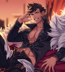 Rule 34 | 1boy, abs, belial (granblue fantasy), belt, unworn belt, black hair, black shirt, feather boa, granblue fantasy, hand on own face, highres, looking at viewer, lying, male focus, muscular, muscular male, open pants, pants, pectoral cleavage, pectorals, red eyes, shirt, short hair, smile, sunset, yaekaidou