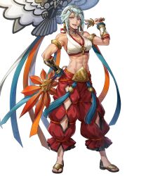 Rule 34 | 1girl, abs, argon (exys), bare shoulders, breasts, cleavage, collar, dagr (fire emblem), earrings, feet, fire emblem, fire emblem heroes, full body, grey eyes, hand fan, hand on own hip, headpiece, highres, holding, japanese clothes, jewelry, kite, lips, medium breasts, midriff, mole, mole under eye, muscular, muscular female, navel, nintendo, non-web source, official art, open mouth, pants, reverse grip, sandals, shiny skin, short hair, sleeveless, smile, solo, standing, stomach, teeth, toeless footwear, toenails, toes, transparent background, upper teeth only, vambraces