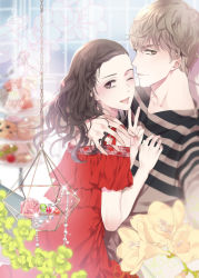 Rule 34 | 1boy, 1girl, ;d, bead necklace, beads, blouse, blurry, blurry background, braid, braided bangs, brown eyes, brown hair, dessert, dress, flower, food, hetero, highres, indoors, jewelry, light brown hair, looking at viewer, nayuta/iho, necklace, one eye closed, open mouth, original, red dress, shirt, smile, standing, striped clothes, striped shirt, tiered tray, unworn jewelry, unworn necklace, v