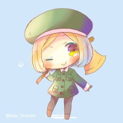 Rule 34 | 1girl, ;), axe, beret, black pantyhose, blonde hair, blue background, blush, brown eyes, brown footwear, brown gloves, chibi, closed mouth, collared jacket, commentary request, fate/grand order, fate (series), full body, gloves, green hat, green jacket, hand up, hat, head tilt, holding, holding axe, jacket, kou hiyoyo, long sleeves, looking at viewer, lowres, one eye closed, pantyhose, paul bunyan (fate), short hair, smile, solo, standing, star (symbol), twitter username
